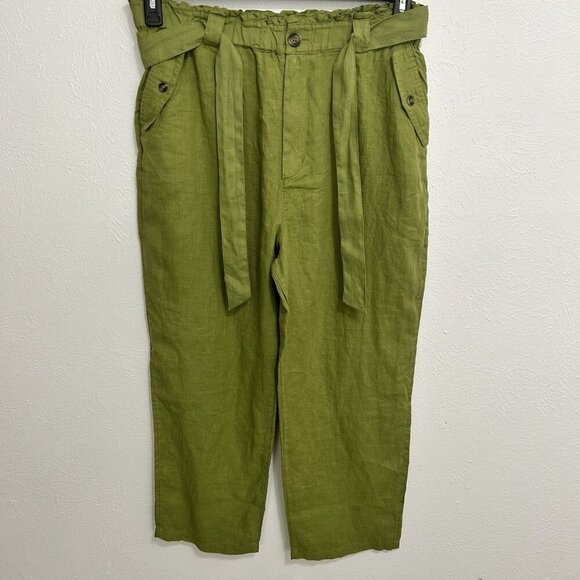 CC  California Lime Green Linen Cropped Pants Wide Leg Scrunched Waist Size L - Picture 12 of 12